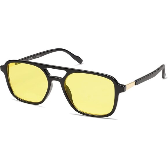 Accessories - Women's Black Yellow Trendy Rectangle Retro Aviator Sunglasses Elegant Frame